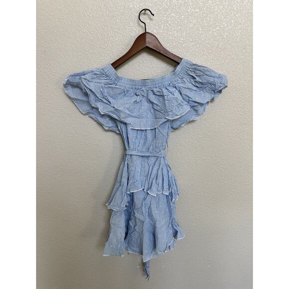 Topshop Blue & White Pinstripe Frill Bardot Ruffled Mini Dress size 4 boho date - Picture 8 of 9